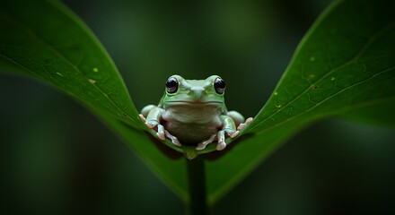 Green Tree Frog Sitting on Leaf Close Up Captivating Wildlife Photo