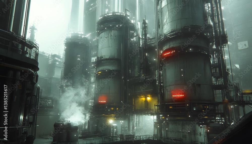 Poster a futuristic industrial landscape featuring towering structures, illuminated by red lights. the envi