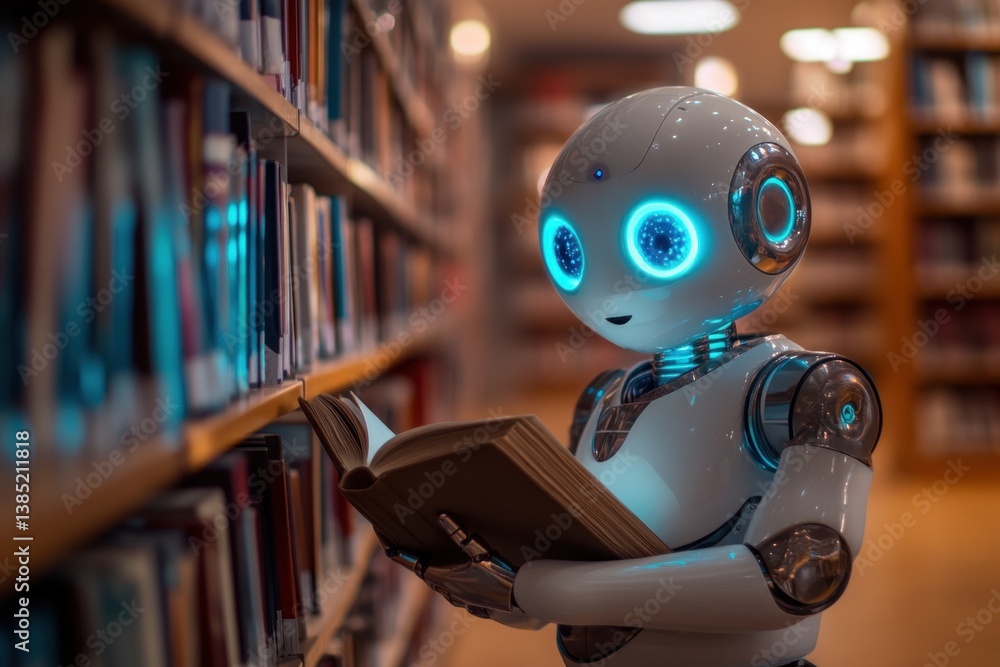 Poster a lively robot explores the topics of tariffs and trade wars while reading a book in a modern librar