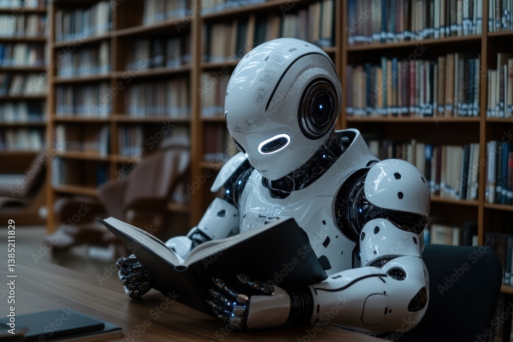 Poster an ai robot engages in reading about trade dynamics, customs duties, and tariffs within a quiet libr