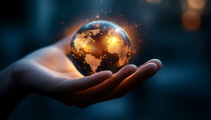 Fototapeta premium A hand gently holds a glowing globe, symbolizing global awareness, interconnectedness, and the beauty of our planet.