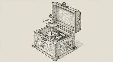 Line Drawing of Open Music Box with Ballerina