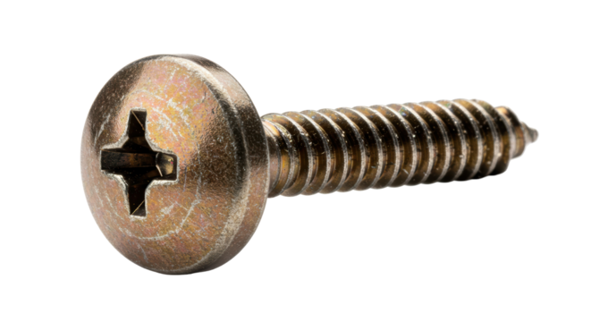 Isolated Metal Screw Close-up with Cross Slot Head
