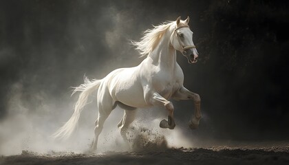 A majestic white horse gallops through a misty landscape, kicking up dust as it moves. The scene captures the grace and power of this beautiful animal, evoking feelings of freedom.