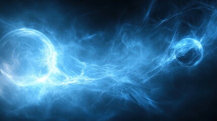 Abstract energy spheres swirling in a dark blue void