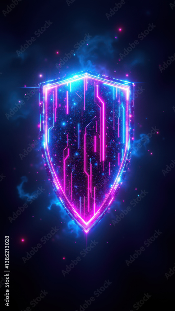 Poster cybersecurity shield with vibrant colors and digital elements on a cosmic background.