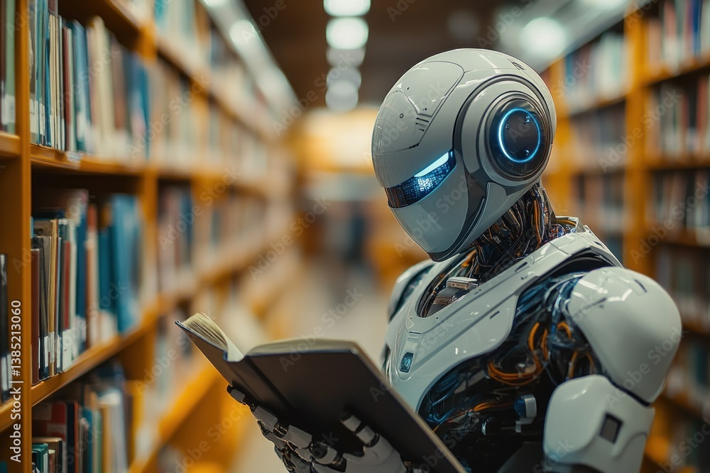 Aufkleber a humanoid ai robot focuses on reading a book in a library filled with shelves, highlighting topics 