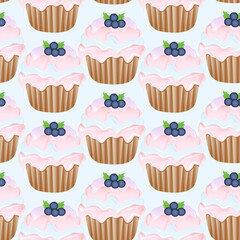 Seamless pattern for kitchen decor and more. Delicious cupcake with whipped cream and blueberry. Vector cartoon illustration of sweet food.