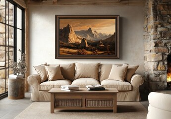 Cozy Living Room with Mountain Artwork and Neutral Color Palette