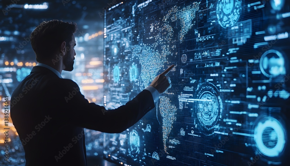 Poster a professional man interacts with a futuristic digital interface, exploring data visualizations and 