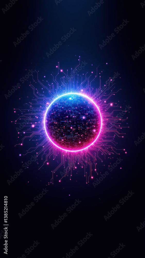 Poster futuristic digital security concept with a glowing sphere connected to bright lines forming a protec