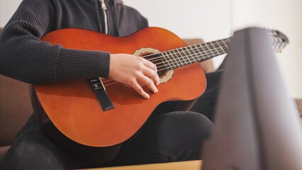 Fototapeta premium Young musician playing acoustic guitar at home