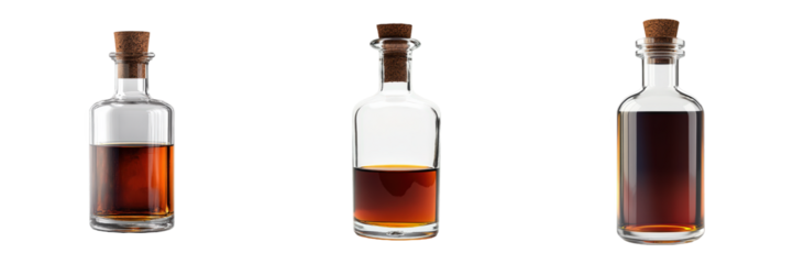 Three clear glass bottles with corked tops and varying amber liquid levels.