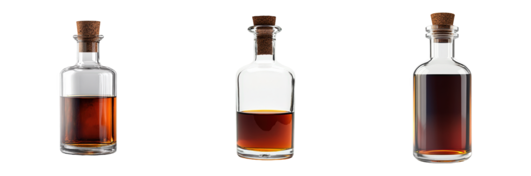 Three clear glass bottles with corked tops and varying amber liquid levels.