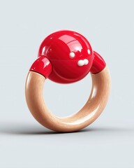 A vibrant red and wooden teething ring designed for infants, featuring a playful, rounded shape that's both safe and engaging for babies.