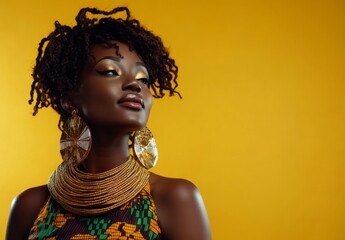Elegant Woman with Natural Hair Posing Against Yellow Background