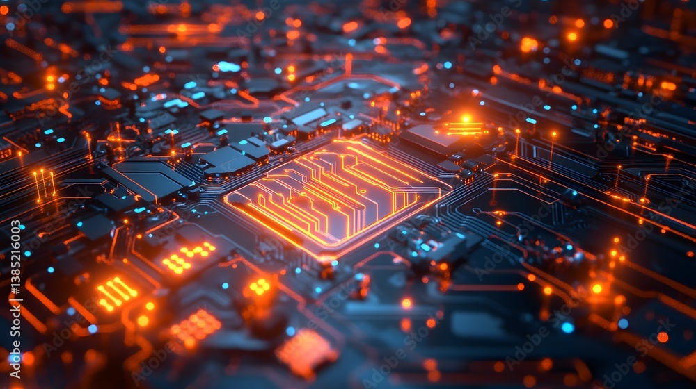 Poster a stunning close-up of a vibrant microchip with glowing circuits, showcasing the intricate pathways 