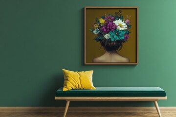 minimalist, modern interior space. square framed artwork hung on wall. Stylized, abstract portrait of a woman with a large, colorful floral headdress. 