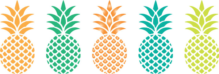 A vibrant collection of stylized pineapples, with each fruit displaying a unique blend of radiant hues, offering a playful nod to the tropics and its exotic delights.
