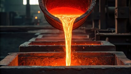Molten metal is poured from a furnace into molds, creating a captivating scene of industrial craftsmanship and glowing orange hues.