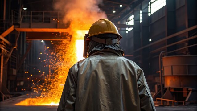 A worker in protective gear observes molten metal pouring in an industrial setting, highlighting safety practices in manufacturing.