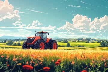 Fototapeta premium Red tractor on golden field, scenic countryside, sunny day