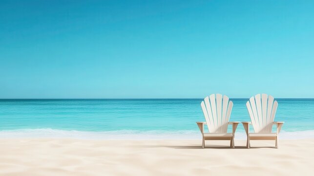 Two classic Adirondack chairs invite you to unwind on a pristine tropical beach under a clear sky, exemplifying relaxation, escape, and the joy of summer vacations.