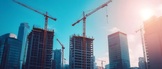 A vibrant construction site showcasing towering cranes and sleek skyscrapers under a blue sky, symbolizing urban development and modern architecture, highlighting the progress of c
