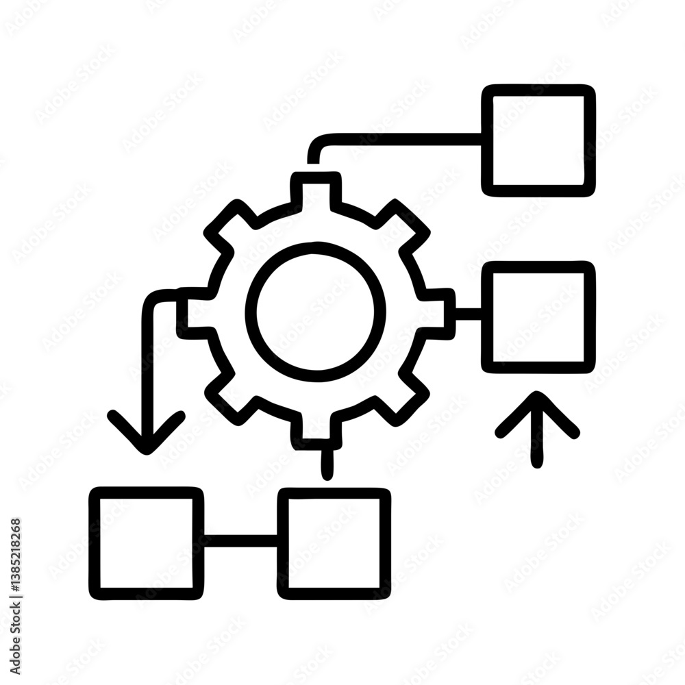 Poster workflow automation process diagram with gear and arrows for business optimization strategy and flow