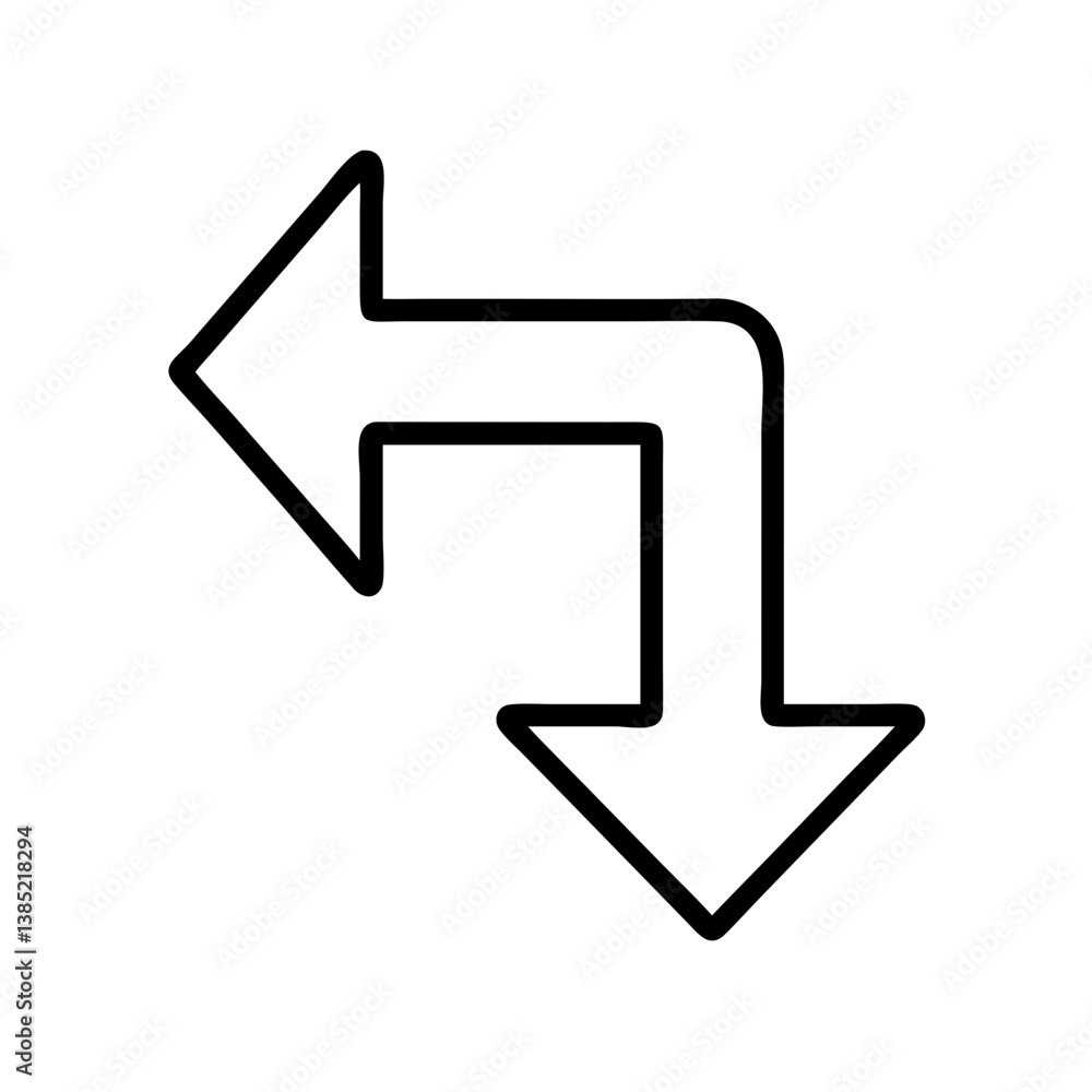 Poster arrow left then down vector icon simple outline direction navigation sign for web design and user in