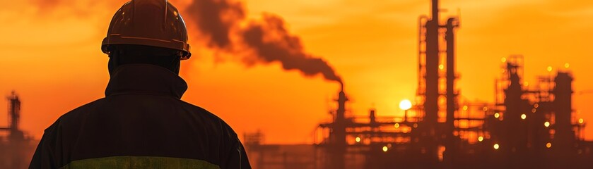 Fototapeta premium A worker observes an industrial landscape during sunset, with smoke billowing from factories, symbolizing the energy sector's challenges.