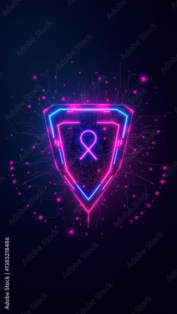 Poster cybersecurity shield with glowing digital effect.