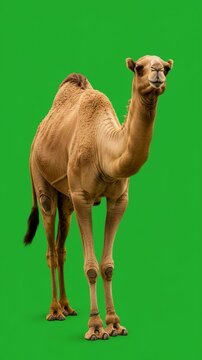 Camel on a green screen background in vertical video format, ideal for compositing, animation, and creative projects requiring customizable footage of a camel.
