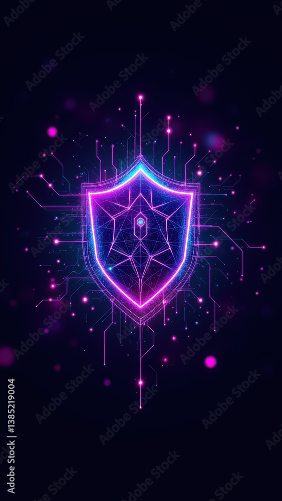 Poster cybersecurity shield graphic with digital particles.