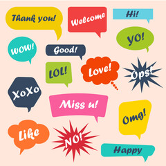 Doodle colourful text speech bubbles. Vector illustration set