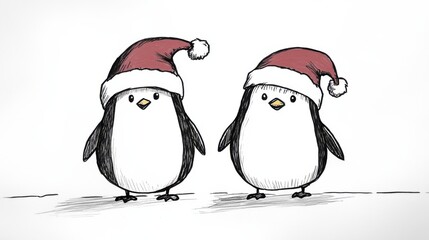 two hand-drawn penguins wearing festive red Santa hats.