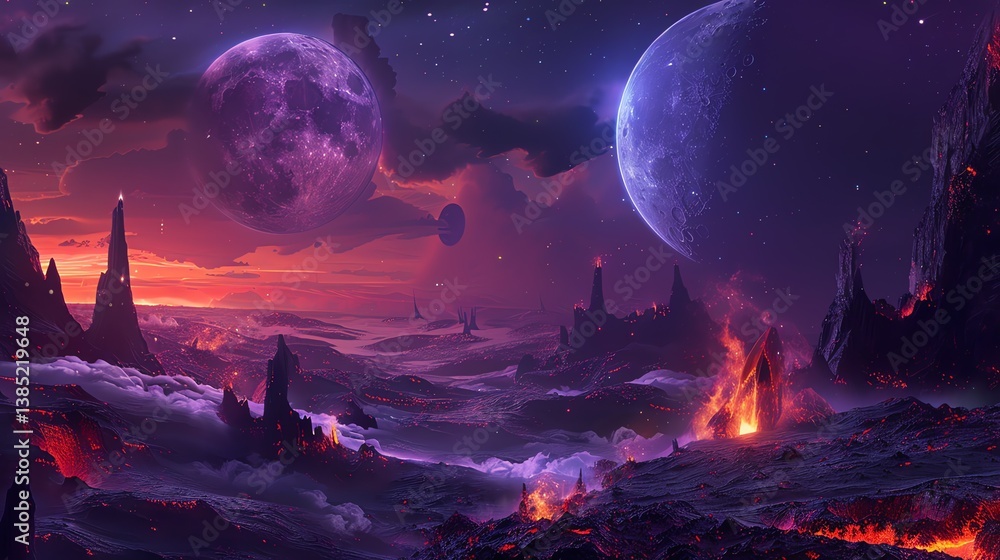Poster a beautiful landscape of another planet with two moons. the planet is covered in lava and there are 