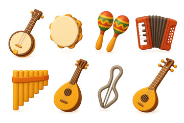 3d folk instruments icons set: banjo, tambourine, maracas, accordion, mandolin, pan flute, jaw harp