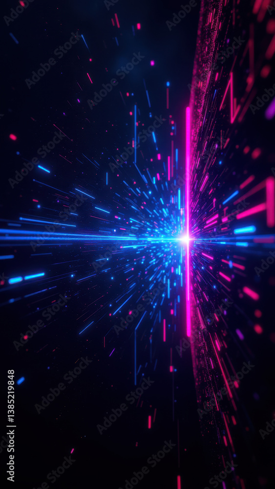 Poster vivid digital tunnel with cybernetic particles for cybersecurity or internet security themes.