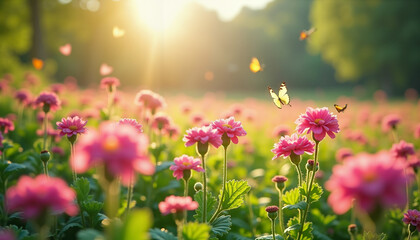 Beautiful Blooming Flowers in a Vibrant Sunny Field, Trees Blooming Timelapse   