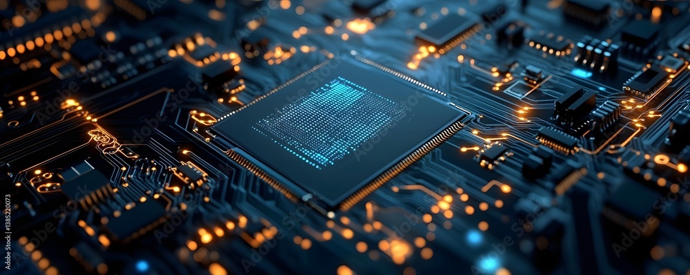 Poster close-up of a circuit board with intricate designs and glowing components, showcasing modern technol