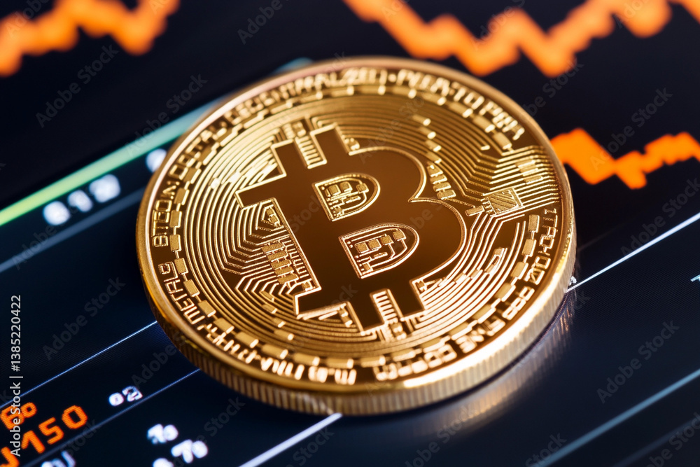 Poster bitcoin trading concept featuring a golden coin with price charts and graphs in the background