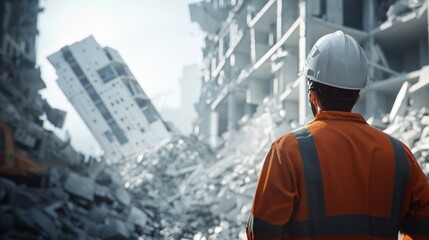 Fototapeta premium Aftermath: A Construction Worker Surveys the Damage of a Collapsed Building