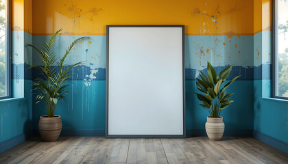 A bold retro-modern space with layered ink-splash color walls, showcasing a framed poster mockup in a minimalist white frame with a striking black edge.
