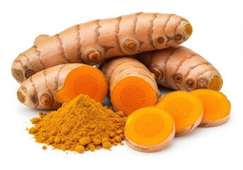 A close up of turmeric roots and slices with turmeric powder on a white background studio shot