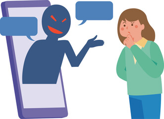 詐欺を語る電話と女性