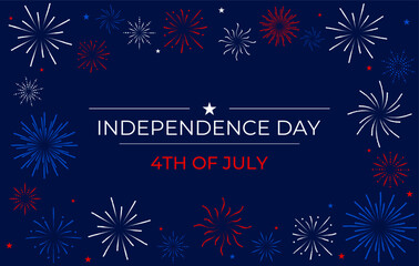 4th of July Happy Independence day Banner. Template with text and fireworks on dark blue Background for Banner, Card. Vector illustration.