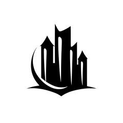 Minimalist Gothic Cityscape Logo, Black and White Silhouette