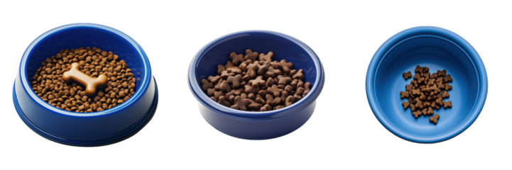 Three blue bowls with varying amounts of dry dog food.