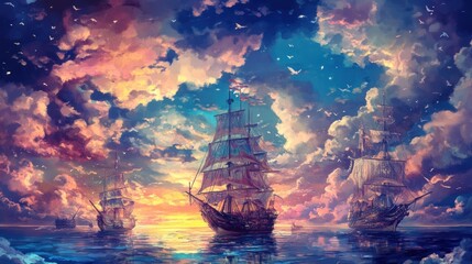 Fototapeta premium Ships at Sunset, Cloudy Sky, Epic Seascape